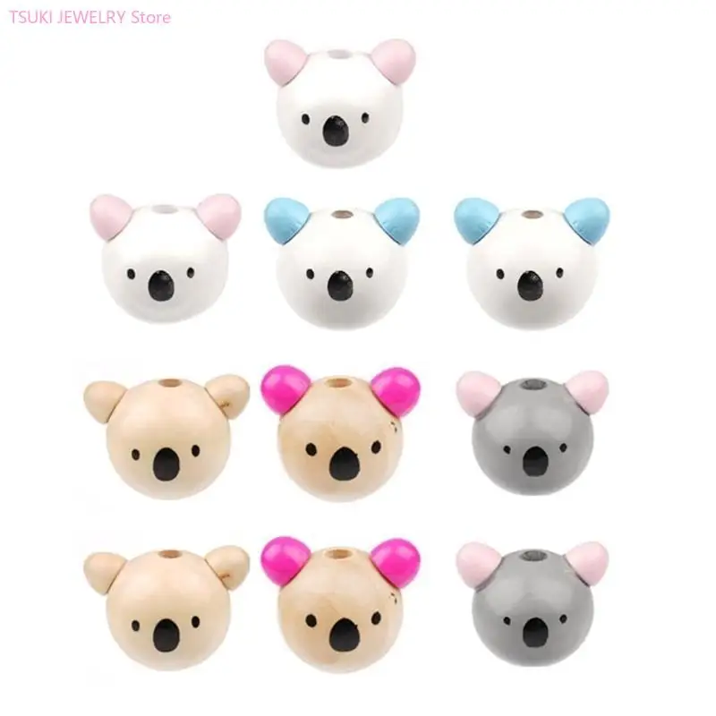 62ke Set von 10 runden Holzperlen mit Cartoon Tiergesichter gemischte Farbe Schöne Tier süße Holzperlen Schmuck für – Detail 4