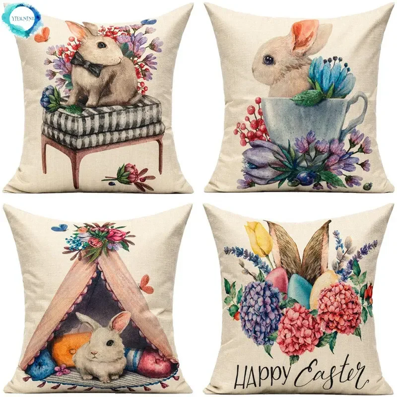 

45x45CM Easter Day Egg Rabbit Pillow Case Nice Gifts Modern Sofa Waist Cushion Cover Linen Pillowcase Home Textile Decoration