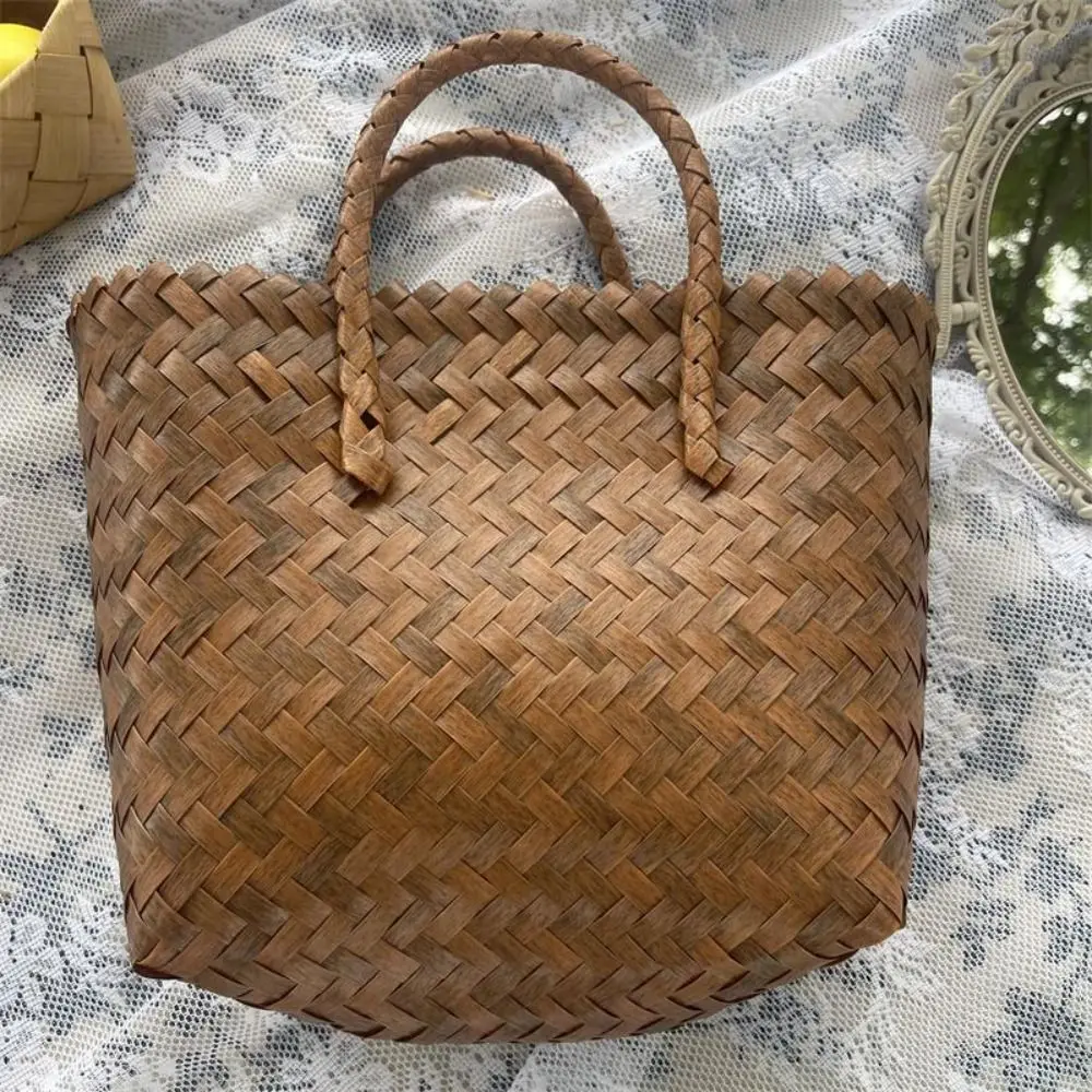 Women Imitation Rattan Woven Handbag Retro Storage Basket Large Capacity Tote Beach Bag Handmade Shoulder Bag