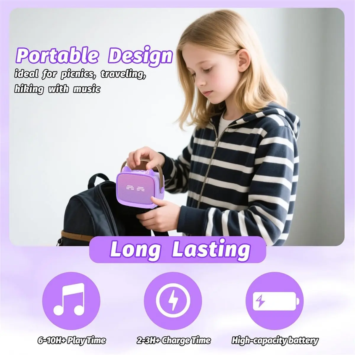 

Punctual- Portable Bluetooth Speaker Mini Wireless Karaoke Machine with 2 Microphone K Song Family Sing Machine Purple