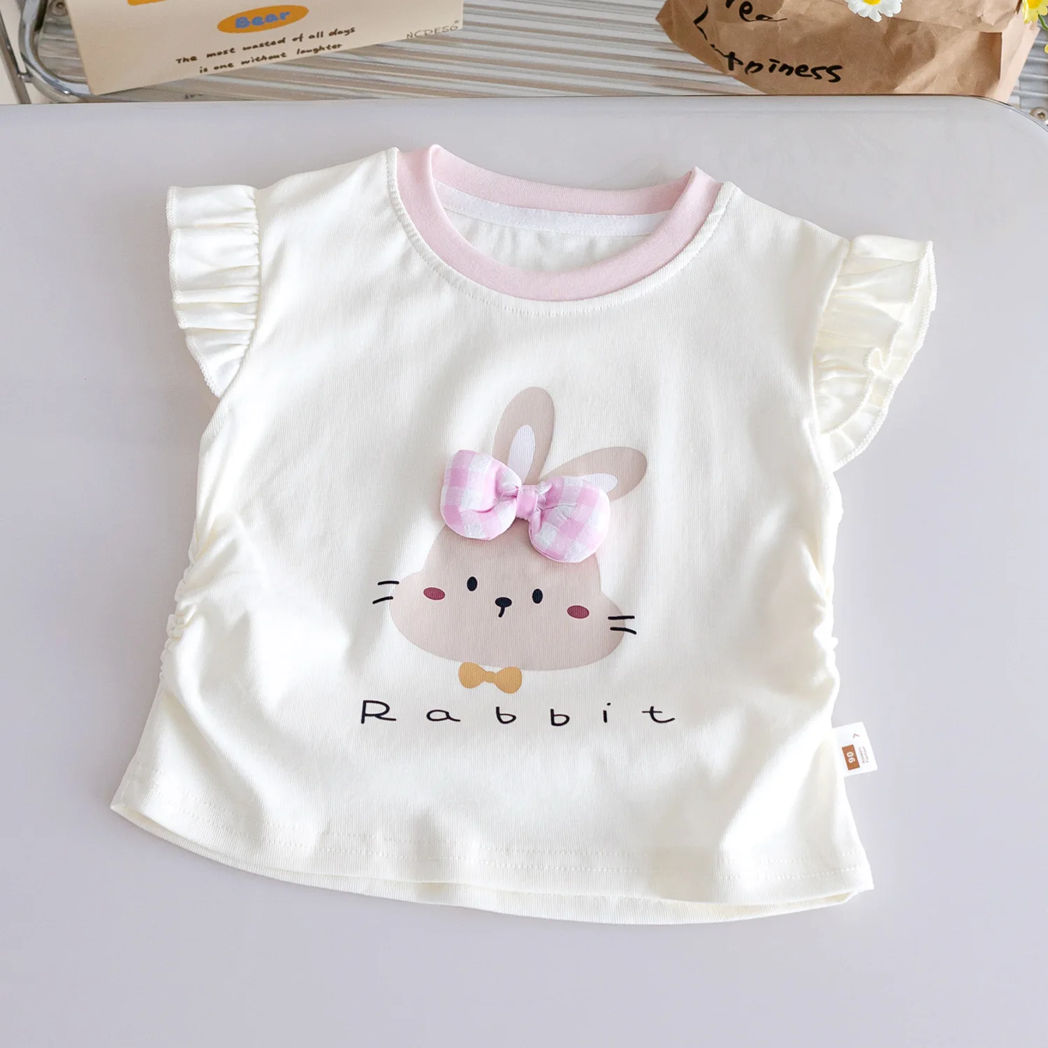 Summer Girls' Cotton T-shirt Cartoon Rabbit Printed Round Neck Short Sleeve Top Baby Girls Sweet Bow Loose T-shirts