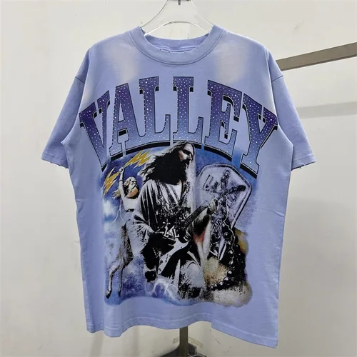 Camisetas azules lavadas VALLEY para hombre, camisetas informales de gran tamaño con letras de taladro en caliente de algodón puro, camisetas superiores