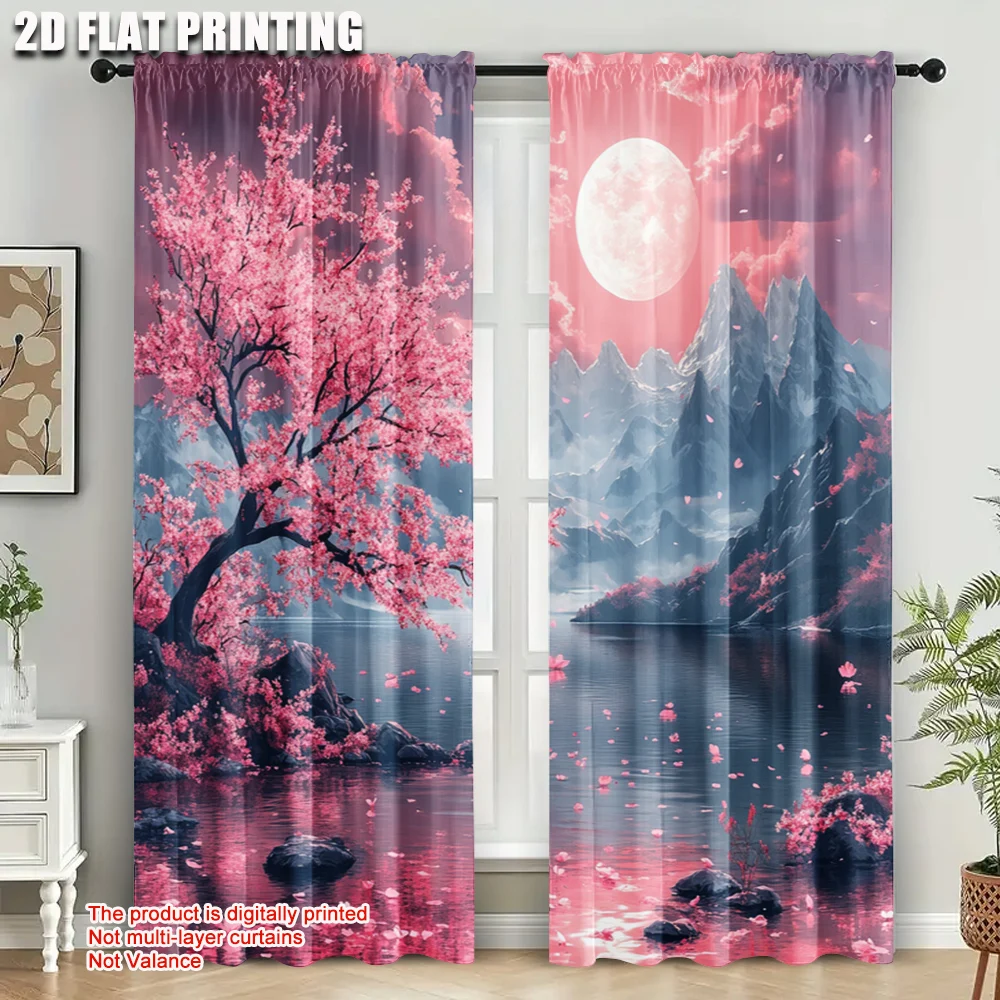 2pcs, Curtain Popular 2D print Cherry Blossom Moon Versatile 100% Polyester (without rod) Stuff Clearance Ldeal for Living Room