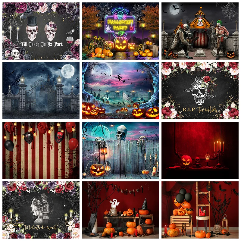 Halloween Photography Background Pumpkin Lantern Horror Castle Decoration Family Party Children Portrait Photo Backdrop Studio