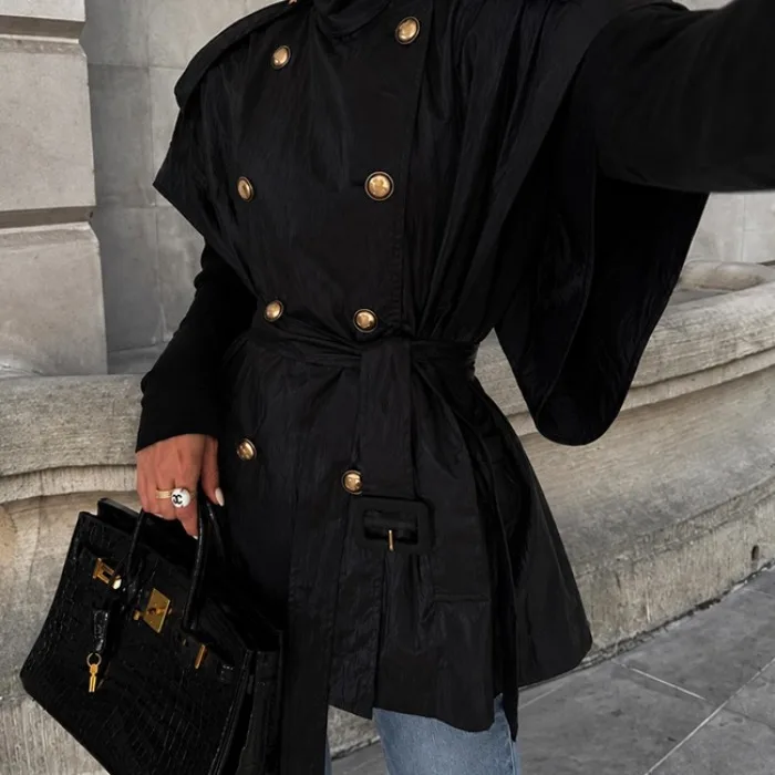 Korean Chic Collared Scarf Coat Women Double Row Gold Button Loose Silhouette High-End Feelings Sleeveless Outerwear