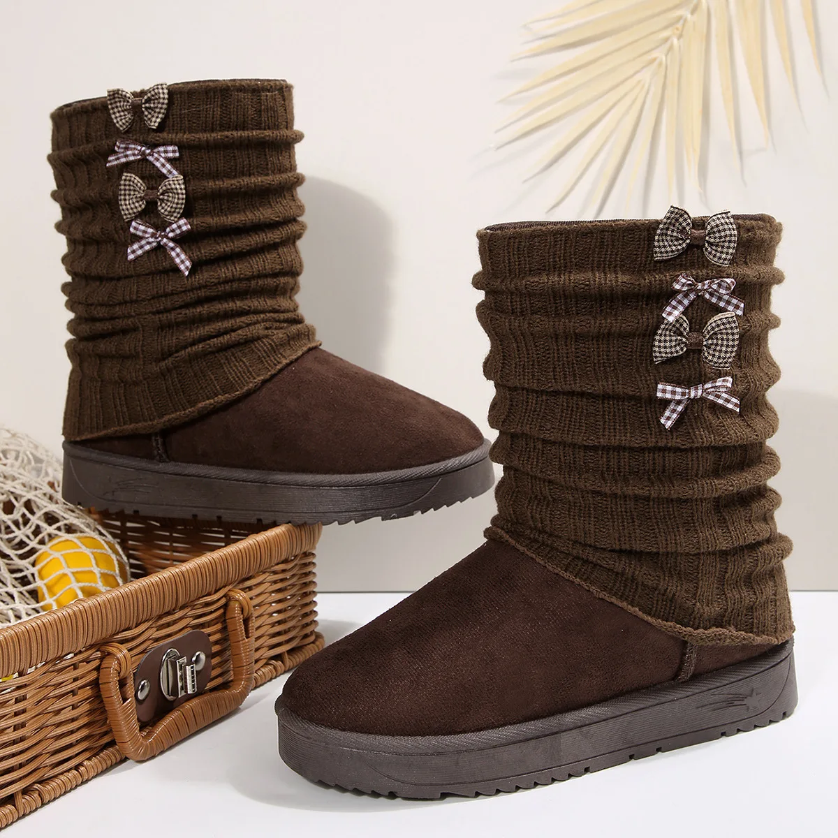 

Korean Style Bowknot Knitted Snow Boots Women 2025 Winter Soft Thick Bottom Suede Ankle Boots Warm Plush Woman's Short Booties