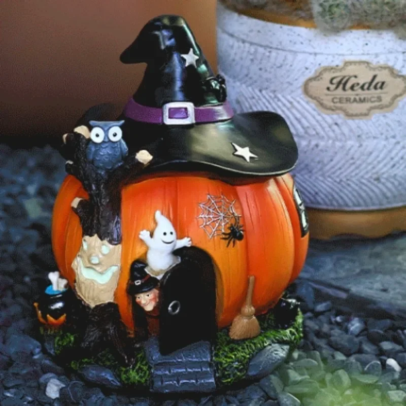 Halloween Witch Pumpkin House Decoration Garden Luminous Decoration Creative Fun Desktop Ornament Holiday Gift Resin Crafts