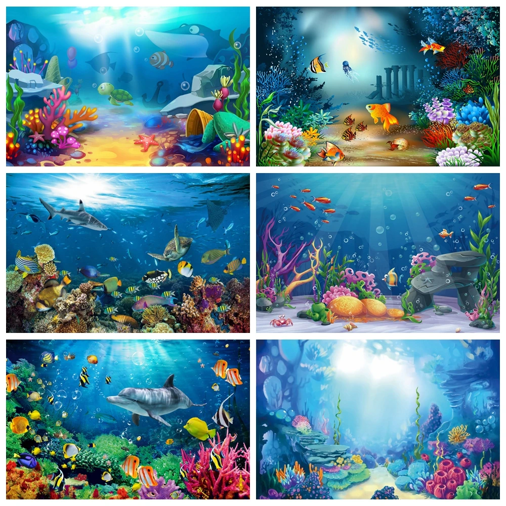 Underwater World Photography Backdrop Ocean Undersea Fish Coral Aquarium Fish Tank Decor Baby Portrait Background Photo Studio