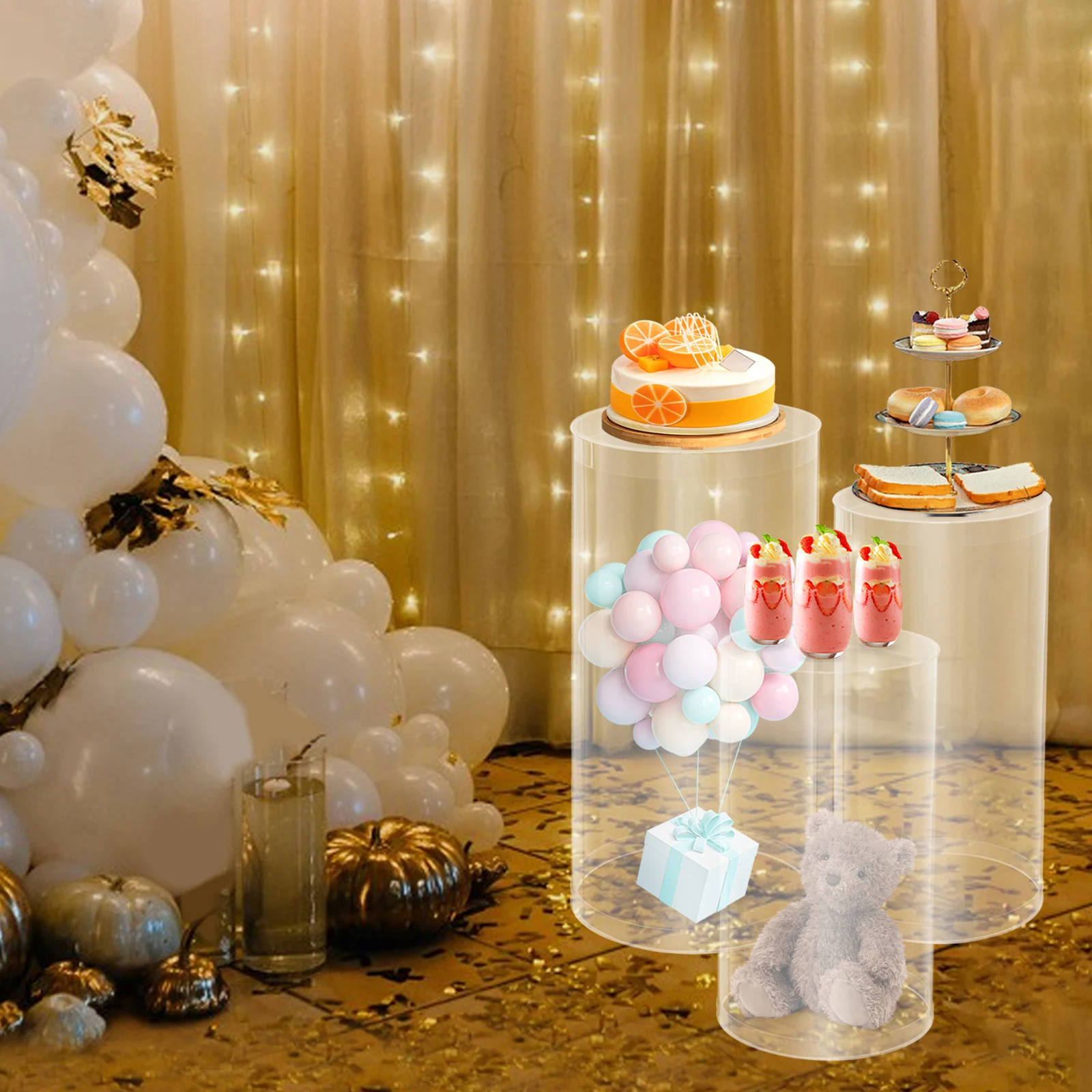 Soportes de pedestal cilíndricos transparentes de 3 piezas, capacidad de carga de 77 libras y diseño apilable para exhibiciones de bodas y fiestas de cumpleaños