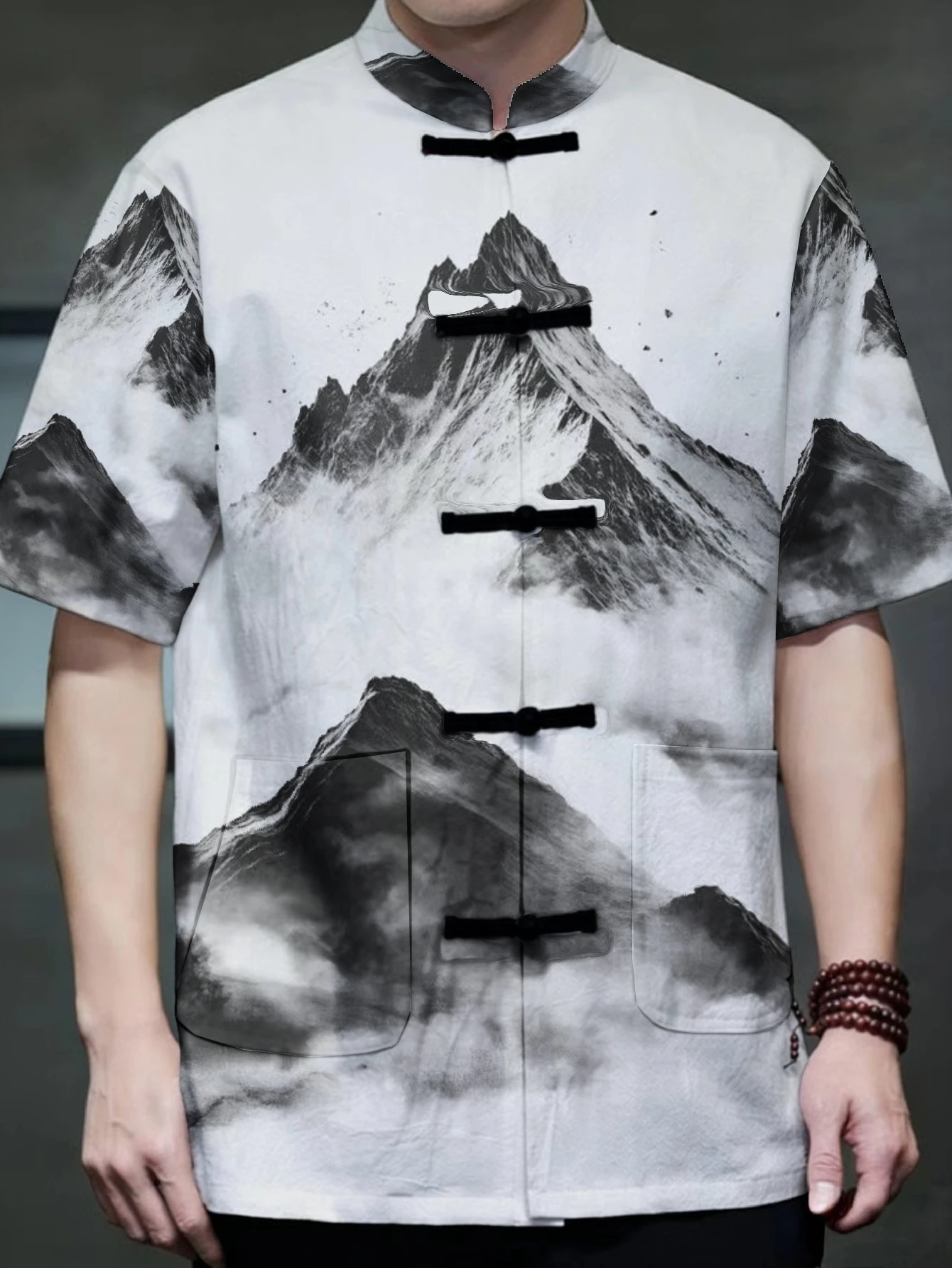 Men Mandarin Collar Short Sleeve Shirt Ink Wash Mountain Landscape Print Frog Button Casual Ethnic Outer Top