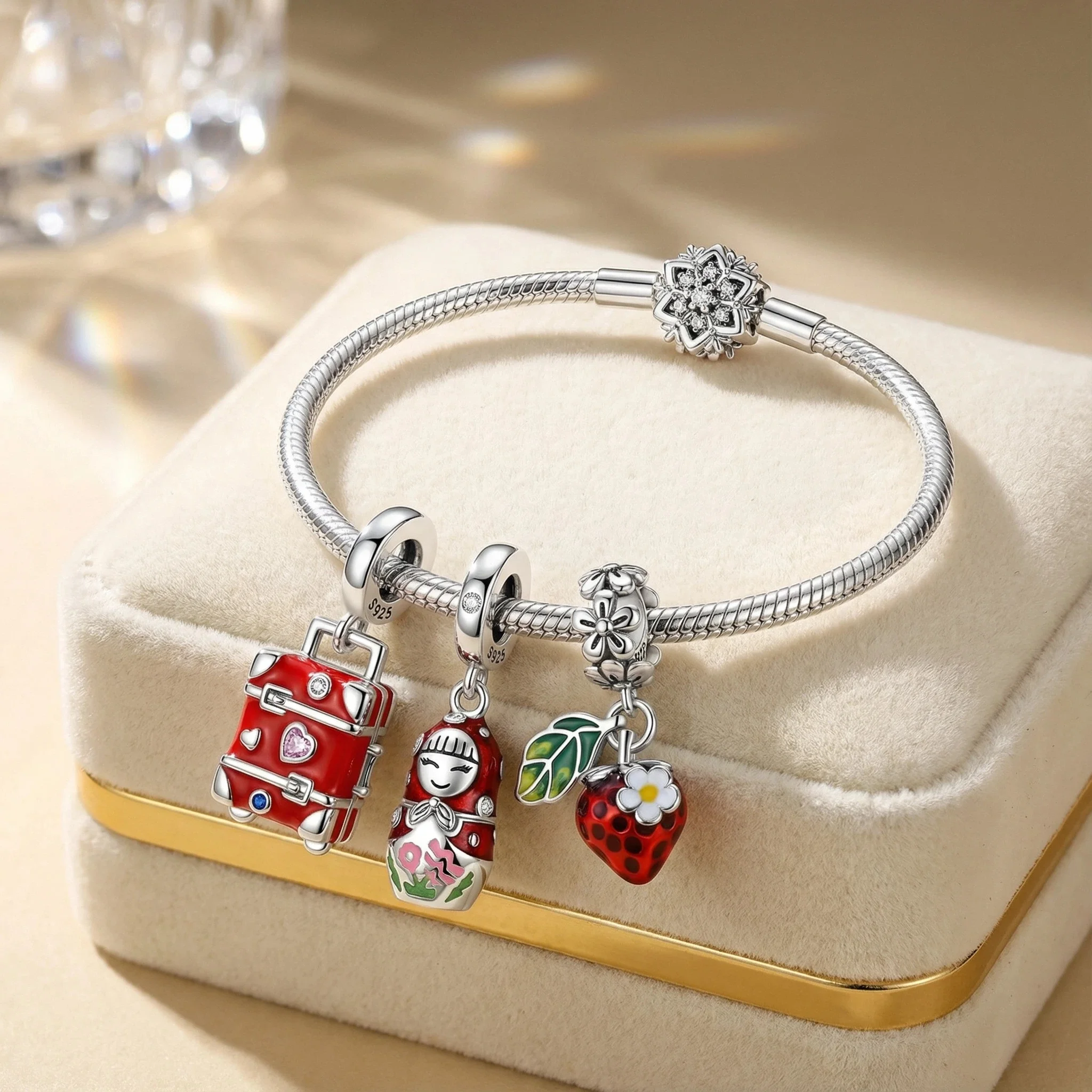 

925 Sterling Silver Box of Strawberries Charms Pendant with Cubic Zirconia,Fit DIY bracelet necklace Gift for Her,Colgante Plata