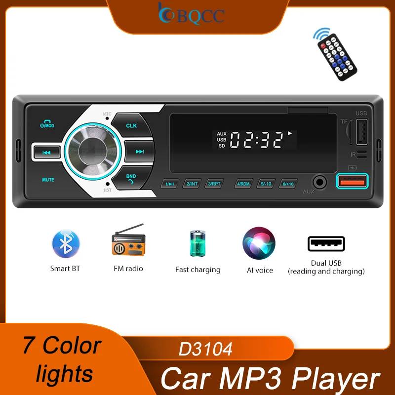 BQCC 1Din MP3 Autoradio FM USB TF AUX Wejście Stereo Radio Bluetooth Power Protect 7 kolorowych świateł Podwójne USB Multimedia Car Audio