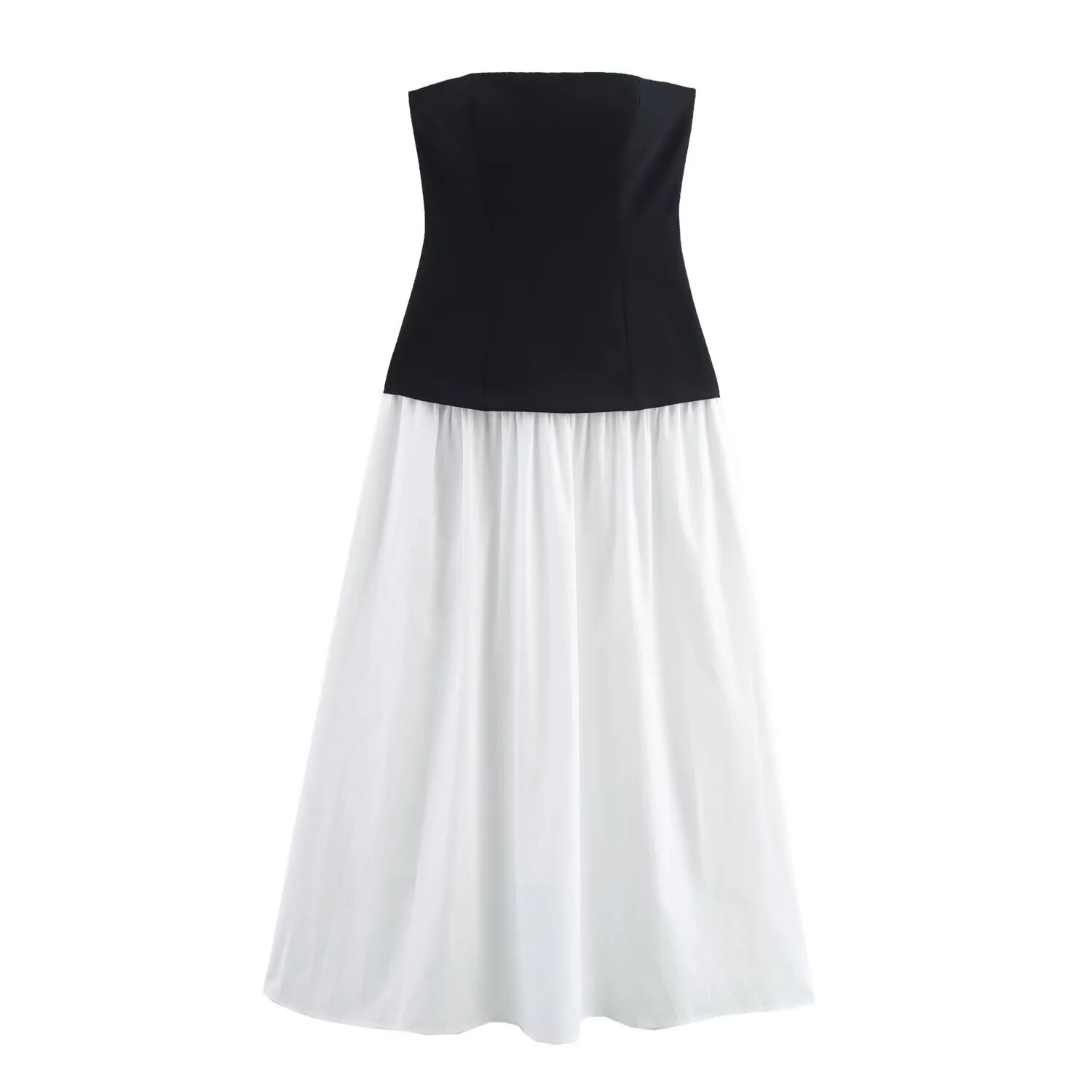 

2025 Spring/Summer Women's Fashion Spicy Girl Style Off Shoulder Straight Collar Black And White Splicing Long Strapless Dress
