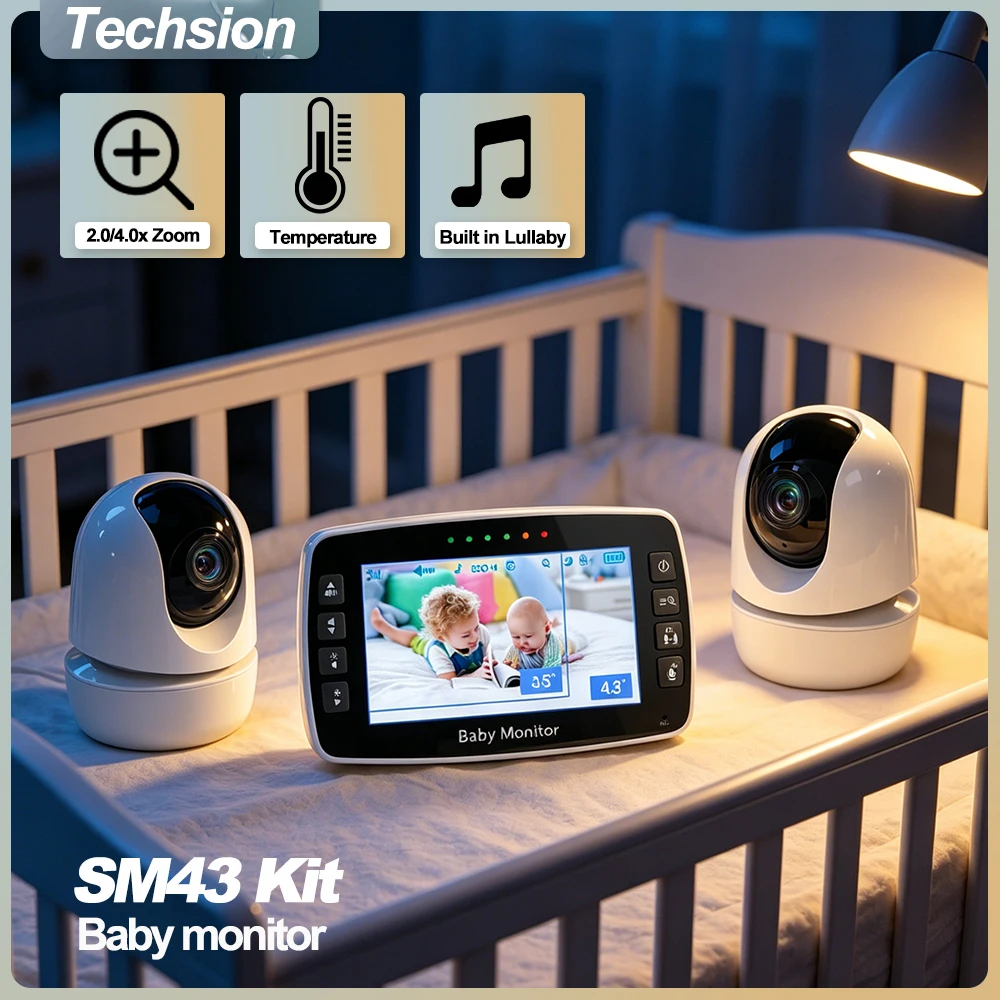 4.3 Inch LCD Baby Monitor With 2Pcs PTZ Cameras Digital Zoom Two Way Audio Night Vision Lullaby Home Security Baby Nanny Camera