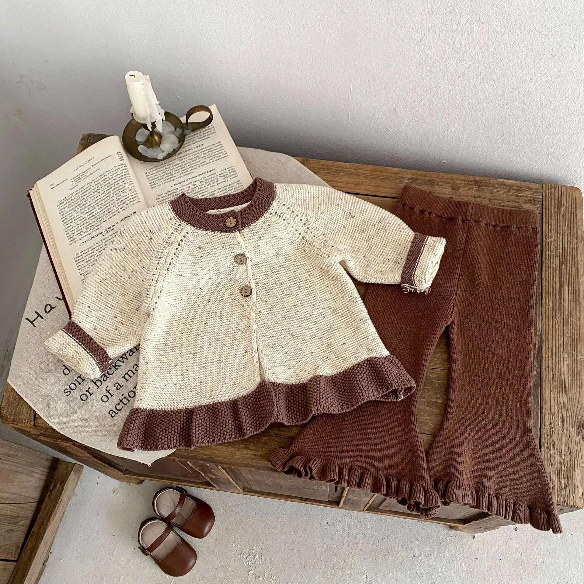 Korean Autumn 2024 Toddler Girl 2PCS Clothes Set Spliced Ruffle Hem Cardigan Solid Knitted Bell Bottom Pant Infant Girls Outfits