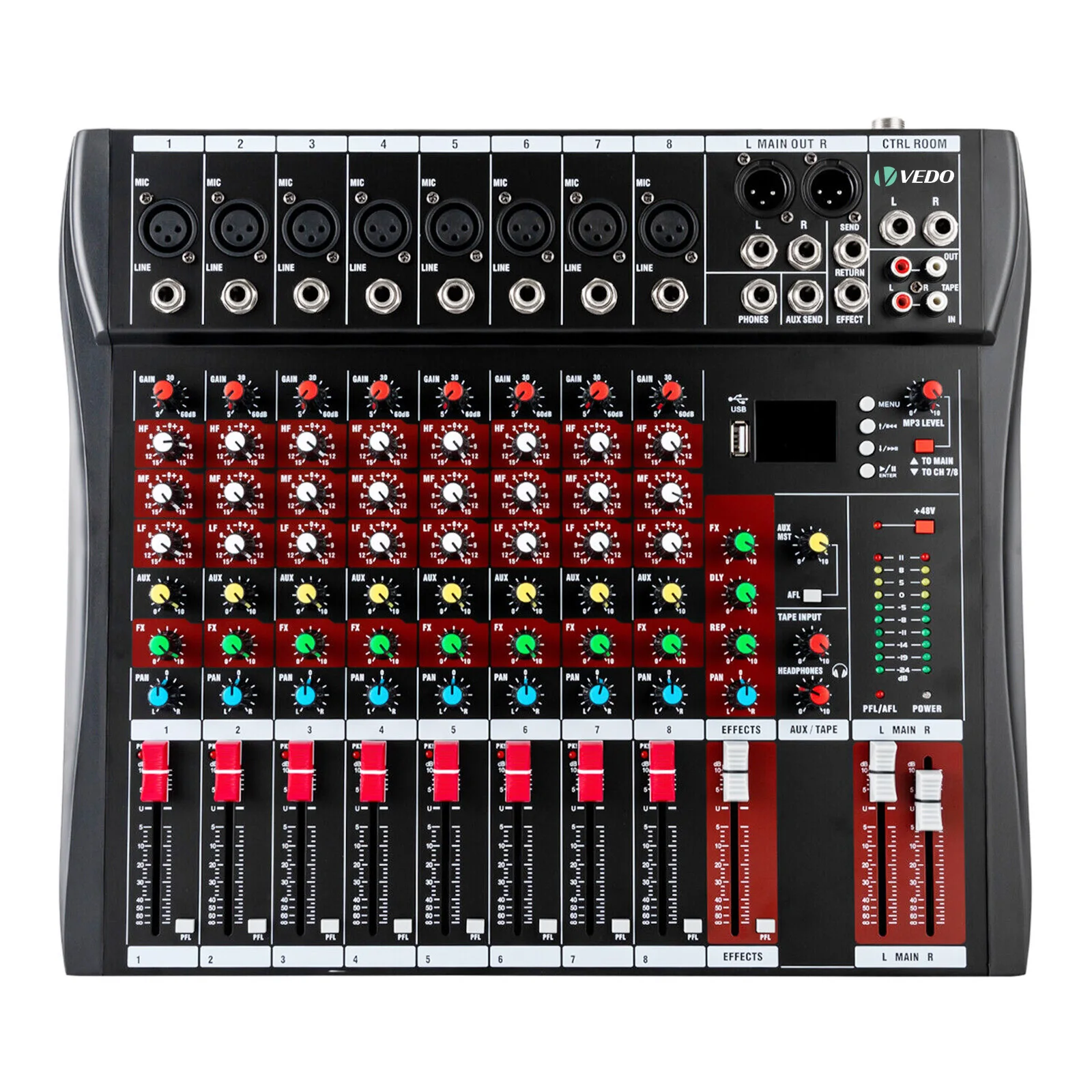 VEDO 8 Channel Professional Audio Mixer Portable Sound Mixing Console USB Interface Digital MP3 Computer Input Audio Recording