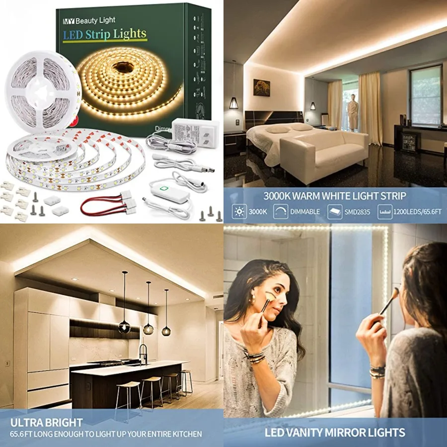 

Led Strip Lights Dimmable Led Light Strip Flexible Rope Lights Kits with 24v Etl Power Supply, Adhesive Clips, Dimmer Switch an