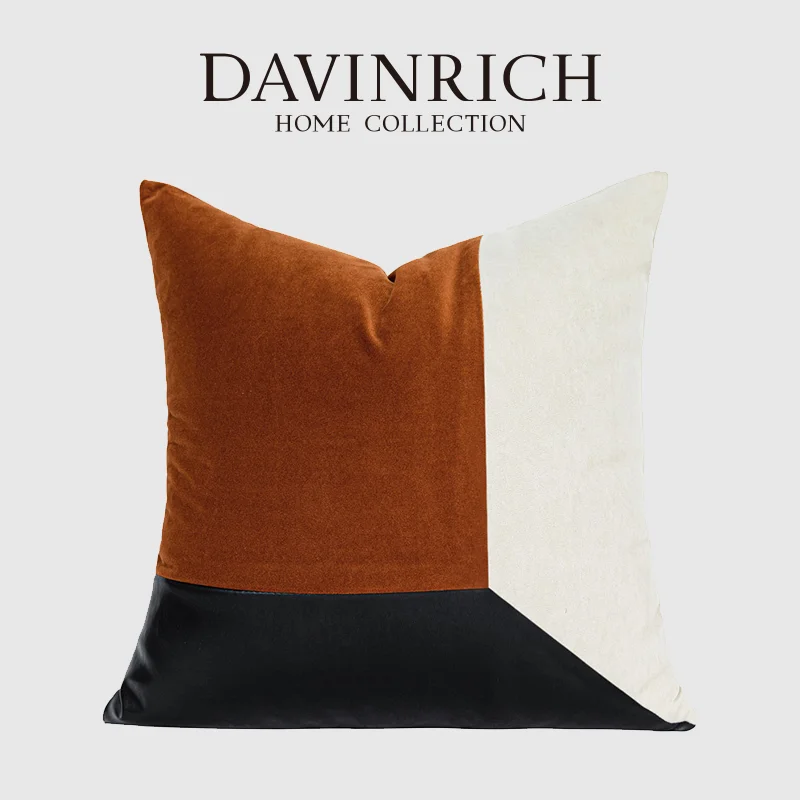 DAVINRICH Color Block Throw Pillow Covers Black Leather Orange Beige Velvet  Decorative Cushion Case 50x50cm Studio Style Decor
