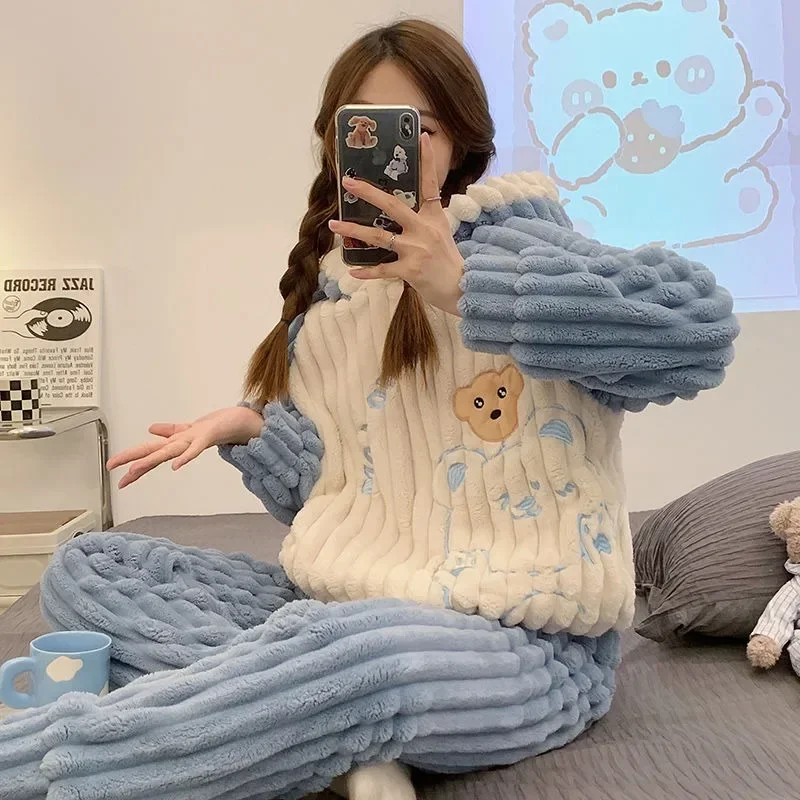 

Winter Sleepwear New Coral Plush Pajamas Women Thickened Nightgown Cute Cartoon Pullover Hooded Homewear Set Students Nighty