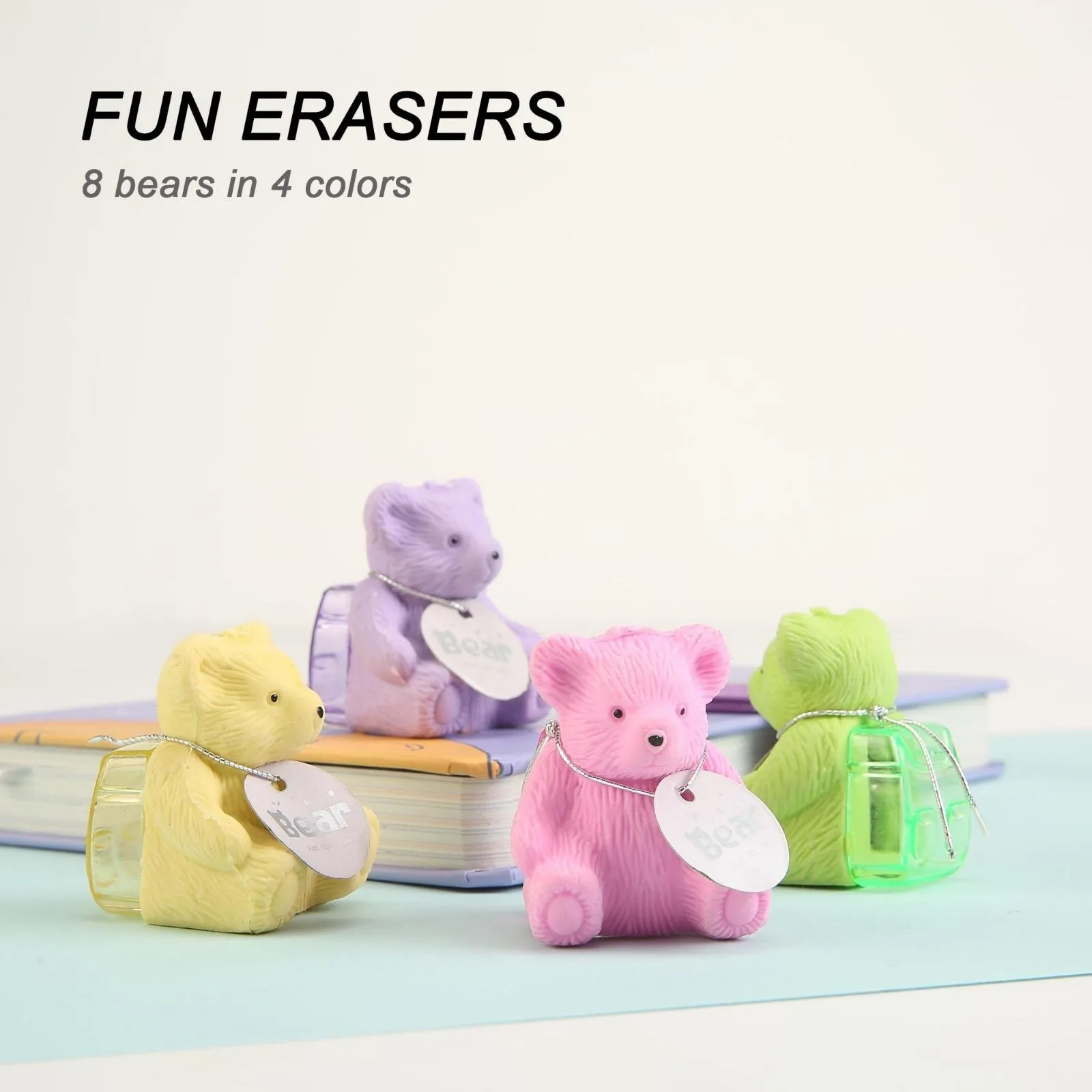 Cute Backpack Bear Erasers Desk Pets for Kids, Kawaii Fun Animal Erasers with Pencil Sharpener for School Classroom Supplies Pri