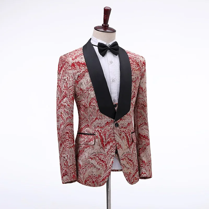 Men Suits Burgundy Jacquard Lapel Collar Suits Three-piece Set Perform Male Host Suit Groom Suit Men