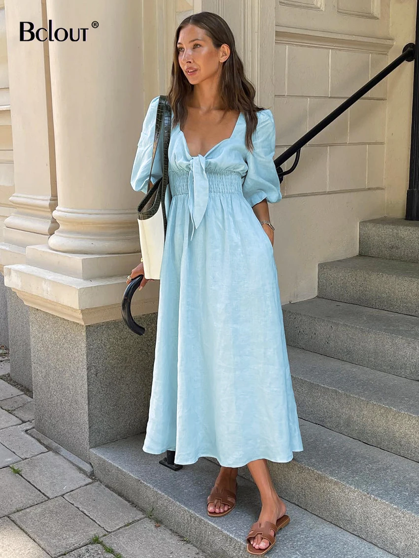 Bclout Fashion Blue Linen Dress Women 2023 Summer V-Neck Puff Sleeve A-Line Long Dresses Vacation Lace-Up High Waist Sexy Dress