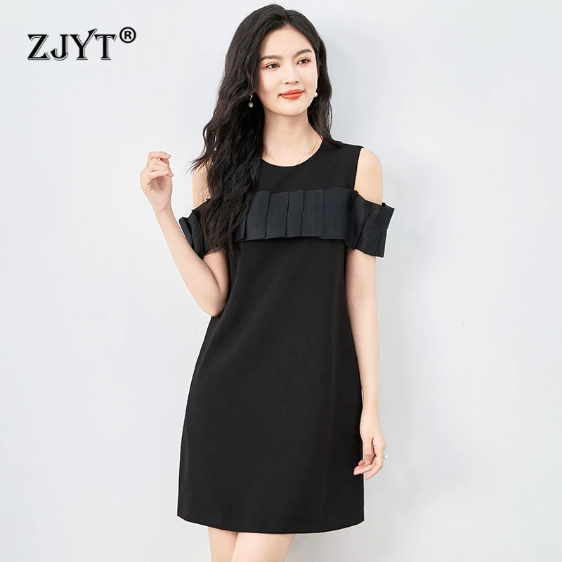 

ZJYT Elegant Summer Off The Shoulder Dress Women Designer O Neck Solid Black White Simple Brief Casual Dresses Vestidos Femme