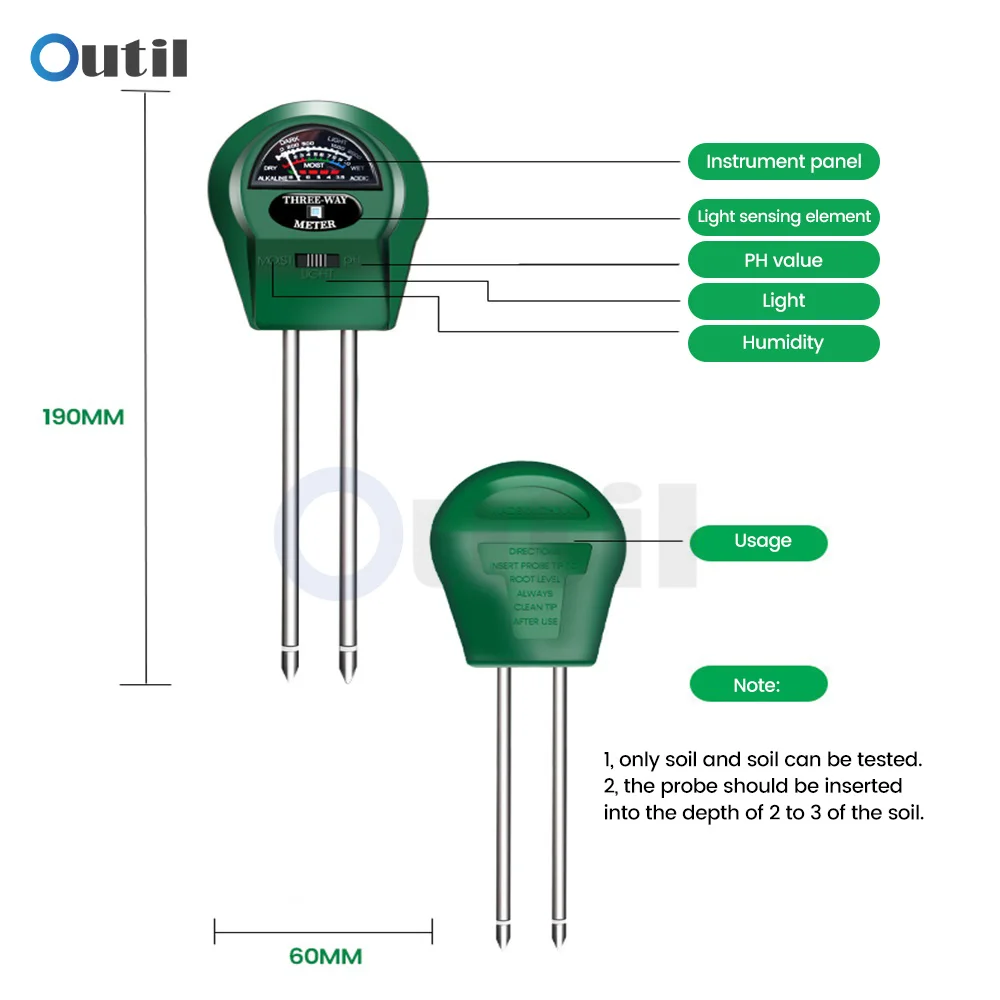 3 in 1 Soil PH Meter Sunlight PH Light Detection Tester Garden Flowers Soil Moisture Sensor Meter Plants Acidity Humidity PH