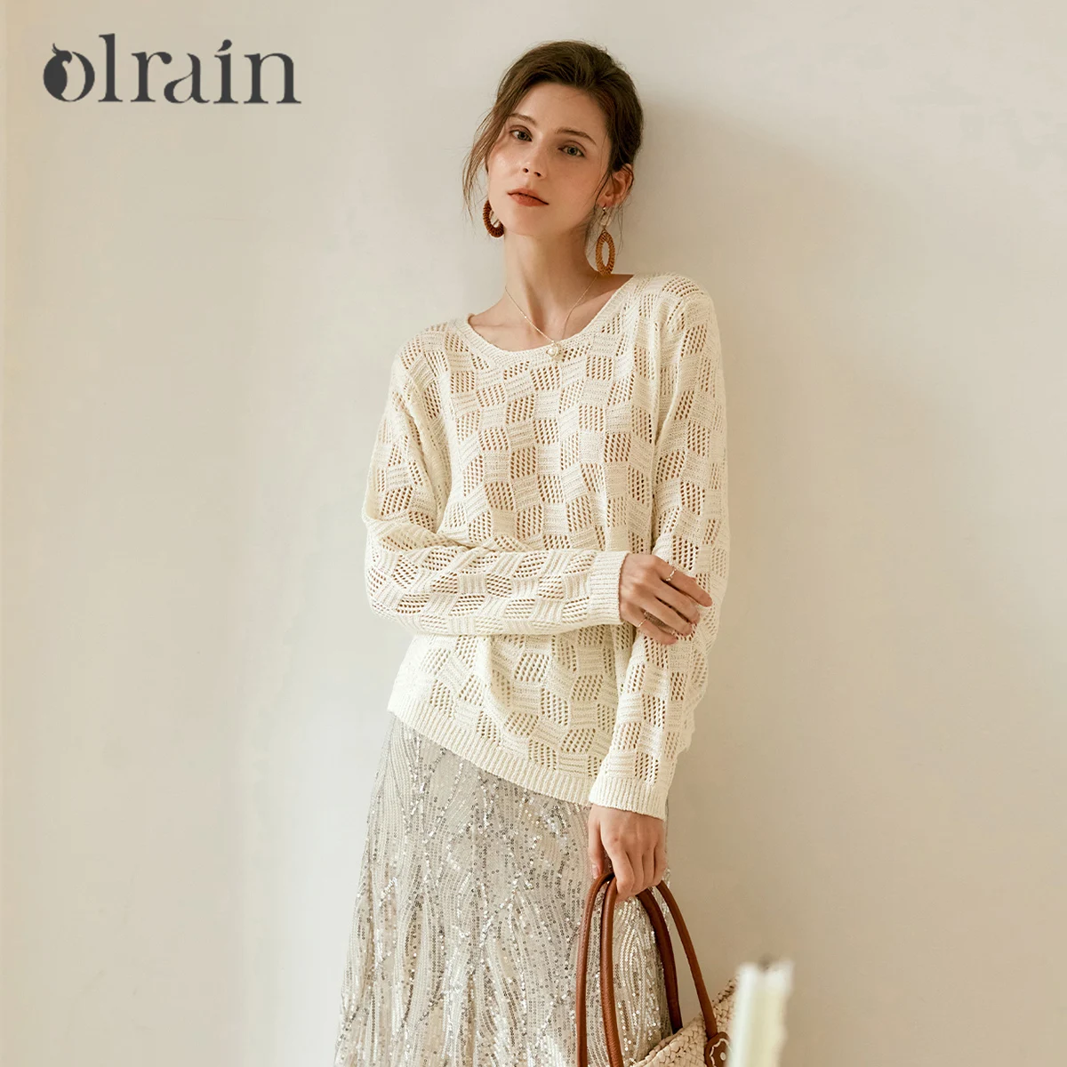 

OLrain French Lazy Knitted Sweater Women 2025 Spring Loose Hollow Out Pullover Long Sleeve Top Ladies Elegant Jumpers M56QZ93319