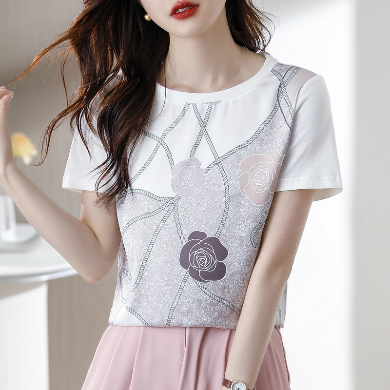 EVNISI Chic Women Floral Printing T-shirt O-Neck Elegant Short Sleeve White Office Tops Summer For Women Loose Casual T-shirt