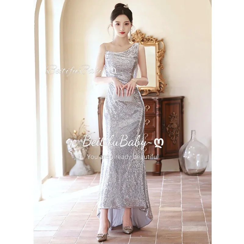 BeitifuBaby Fashion Women's Evening Dress Light Luxury Elegant Backless Silver Sequins Sleeveless Mermaid Skirts Formal Dresses