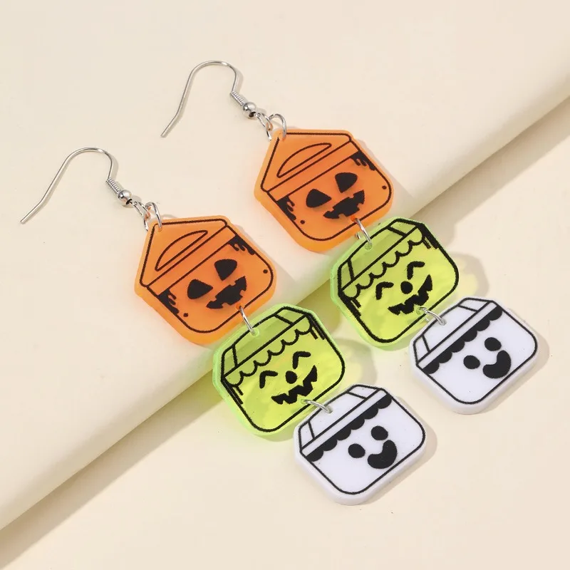 Original Design Halloween Elements Bat Ghost Pumpkin Spider String Acrylic Pendant Ladies Earrings