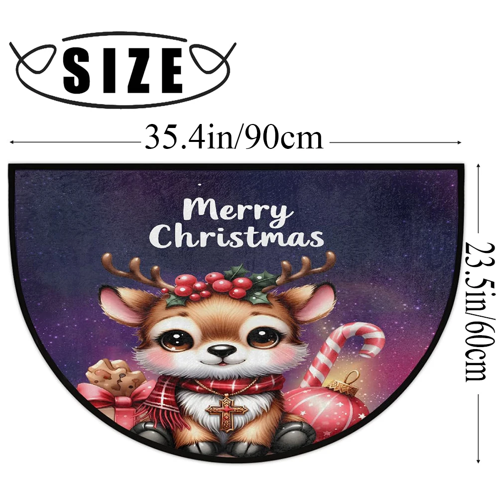 VIKAMA Christmas Reindeer Half Round Door Mat Non Slip Washable Semi Circle Area Rug Absorbent Soft Half Moon Rug Home Decor