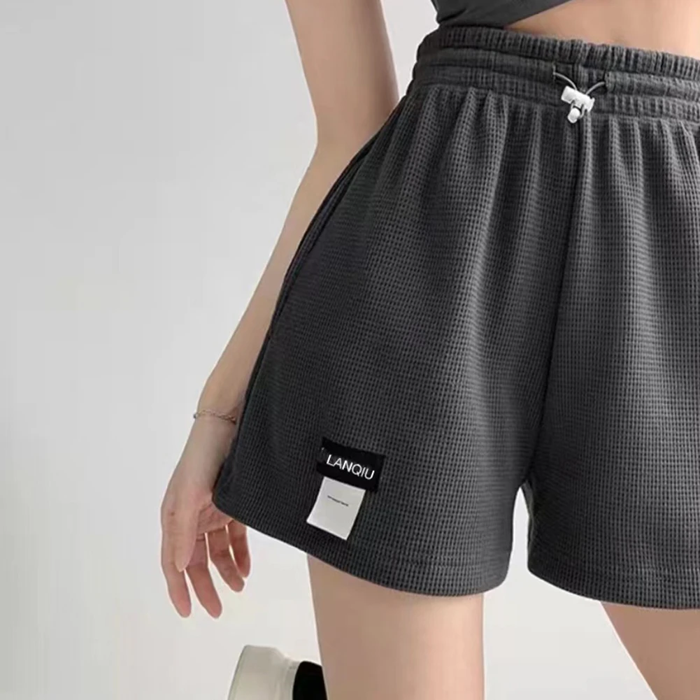 女性弾性ウエストワッフルワイドレッグショートパンツレディースカジュアルハイウエストストレートスポーツショーツ無地
