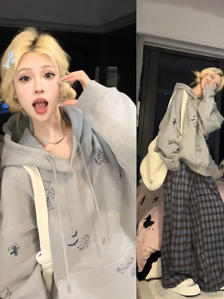 

Американский худи-свитшот Lazy Kit для женщин, осенне-зимний, новый, утепленный, свободный, универсальный, в корейском уличном стиле