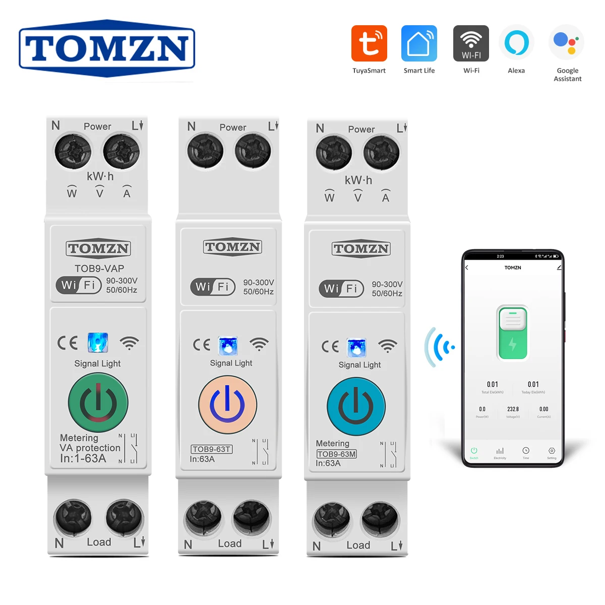 TOB9-VAP 63A 1P+N WIFI Smart Switch Energy Meter Kwh Metering Monitoring Circuit Breaker Timer Relay MCB TUYA smartlife  TOMZN