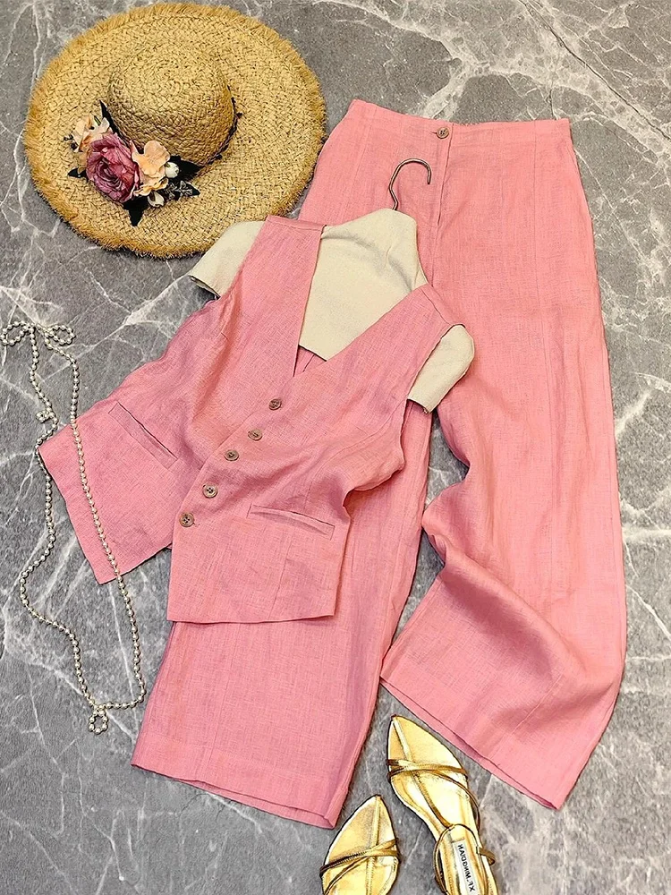 

Summer Women's Fashion Pink Linen Cotton V-Neck Suit Vest Set High Waist A-Line Skirt Korean Style Commute Universal Size
