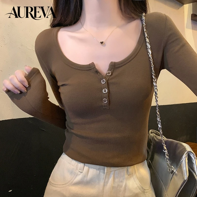 Autumn Women Maillard Style Half Placket Collar Slim Fit Ribbed Button Long Sleeve T-Shirt Spicy Girl Inner Layering Basic Tops