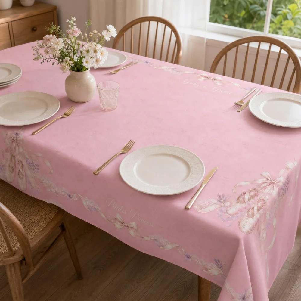 Pastel Pink Bow Tablecloth, Soft Floral Ribbon Print Rectangular Table Cover for Dining Kitchen Girly Aesthetic Home Decor