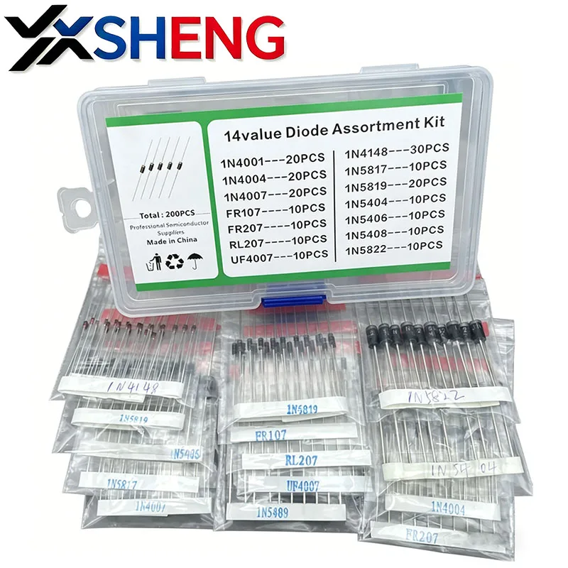 14Value 200PCS Switching Transistors Diodes Assortment KIT Fast Recovery,Rectifier Schottky Diode With Box
