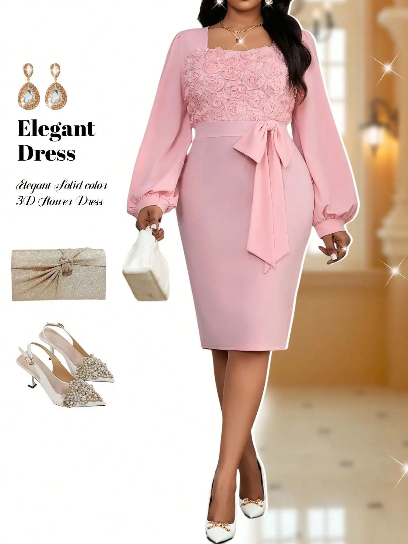 

Элегантное розовое платье с 3D-аппликацией в виде роз, рукавами-фонариками и бантом на талии