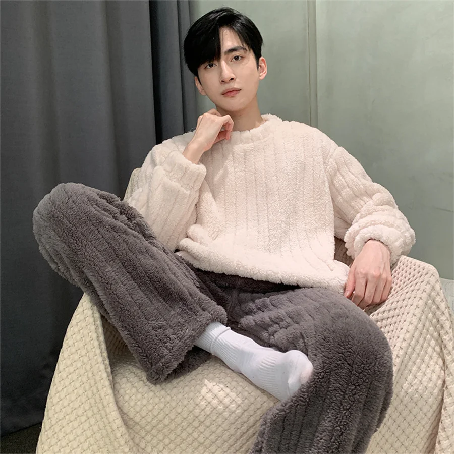 Casual Men\'s Autumn Winter Warm Pajamas Set Warm Coral Fleece Striped Pullover + Plush Pants 2Pcs Sleepwear Male Homewear