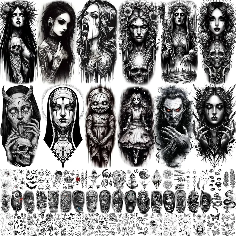 

Black Gothic Temporary Tattoo Men and Women, Halloween Death Demon Evil Spirit Demon Demon Half Arm Sleeve Tattoo Sticker
