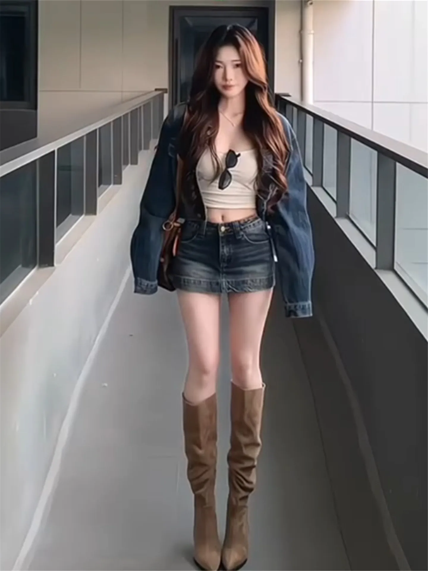 

Retro Low Waist Blue Denim Skirt Women's Slimming Washed A-Line Super Short Skirt Casual Cotton Stretchy Half Body Skirt