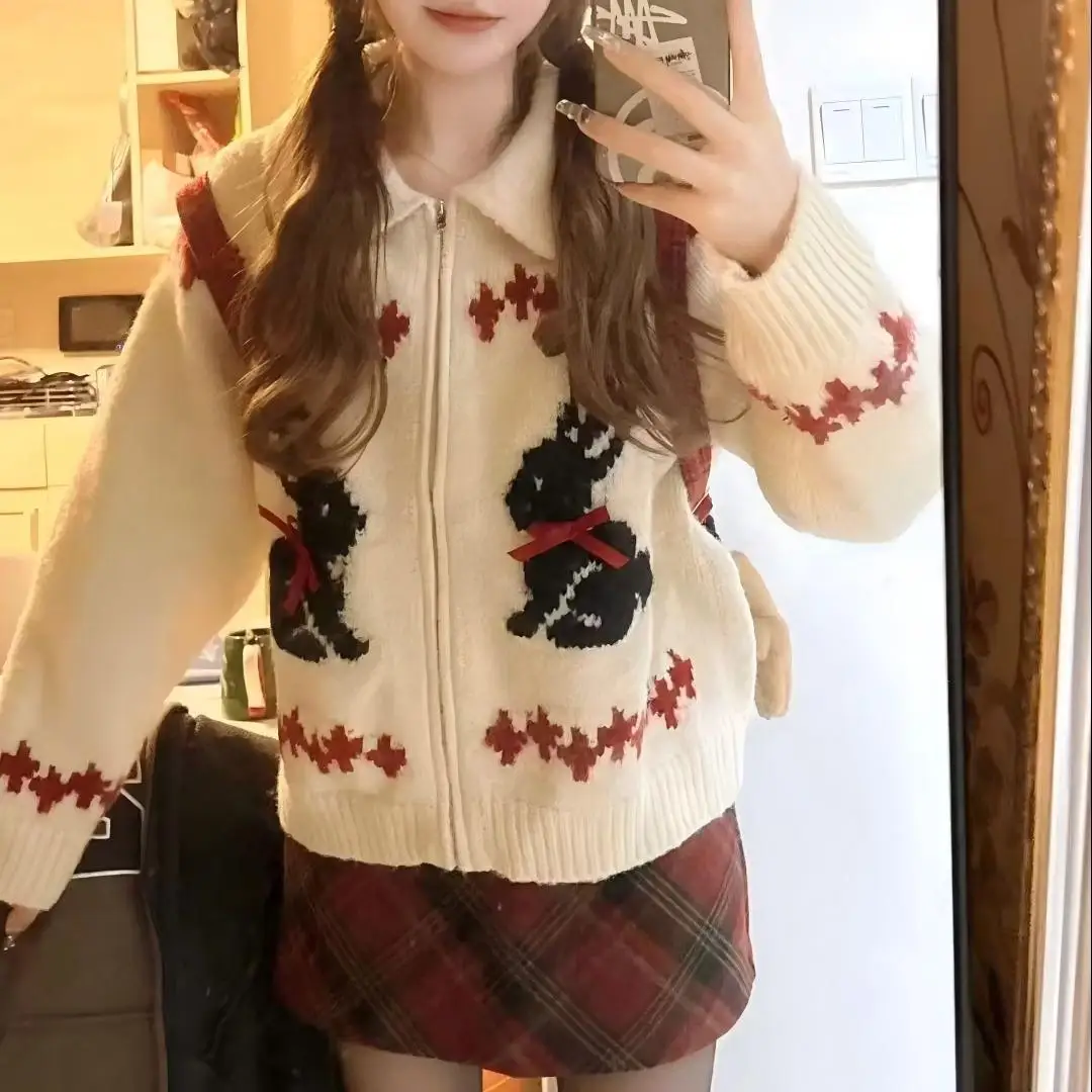 Rabbit Jacquard Lapel Zipper Sweater Jacket Women's Autumn and Winter Retro Contrasting Color Soft Waxy Knitted Cardigan