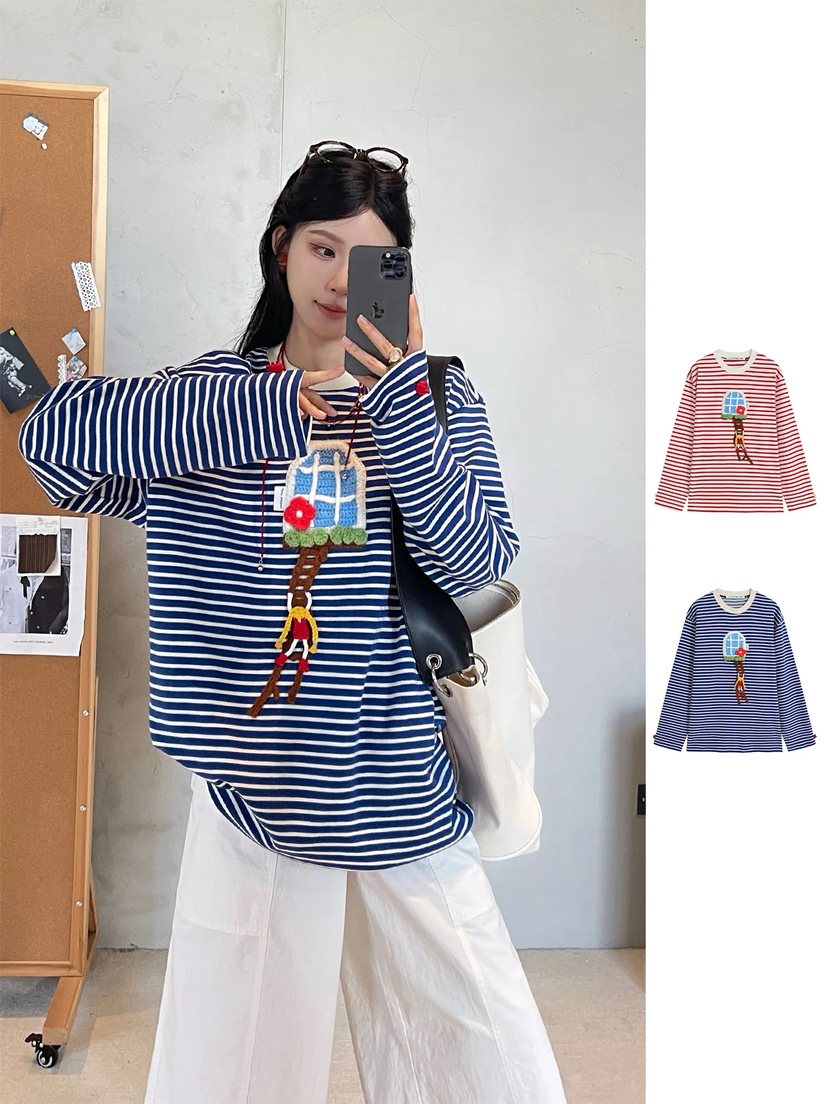

New Arrival CHEER up ORM 25 Autumn Long Sve T-irt Striped Loose Fit Casual Sle for Women round Ne Mid-Length