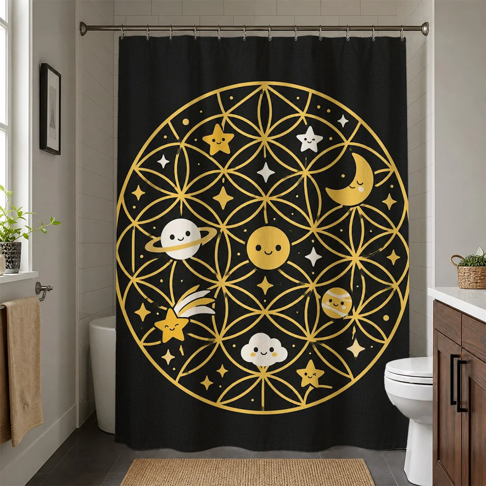 Galaxy Constellation Shower Curtain Black Background Celestial Planets Stars Moon Space Bathroom Decor