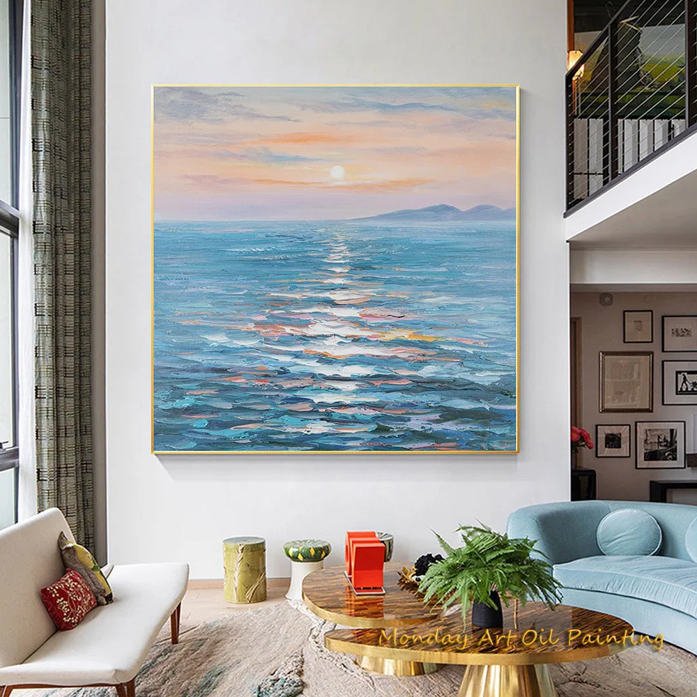 Large Abstract Hand Painted Modern Oil Painting Ocean Colorful Sunset Palette Knife Wall Art Heavy Texture Fedex Shipping Cost