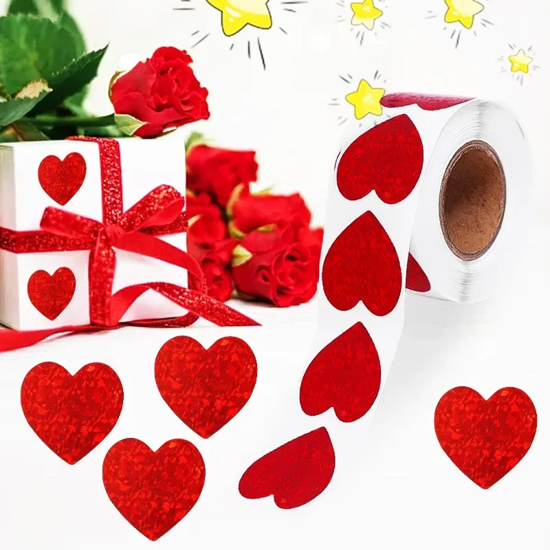 2000/500pcs Red Heart Shape Laser Label Stickers Valentine's Day Wedding Party Paper Stationery Gift Box Packaging Sticker Decor