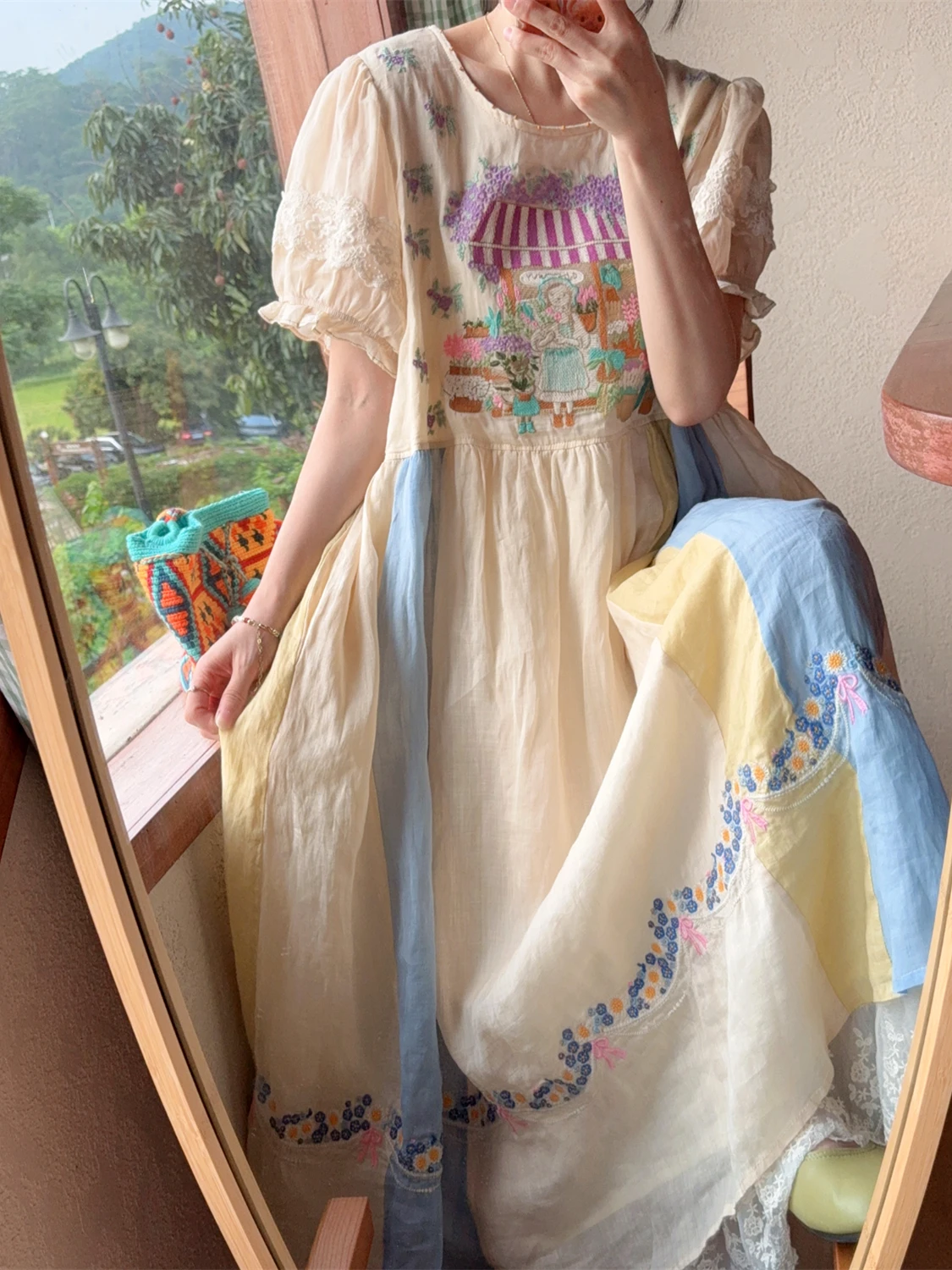 

TIYIHAILEY Spring Summer Women Embroidery Ramie Dress With Lining Short Sleeve Long Mid-Calf Ladies Loose A-line Beige Lace